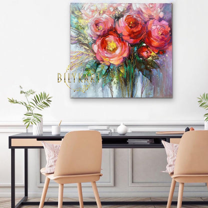 Abstract Flower Painting On Canvas Modern Floral Artwork Red Flowers Wall Art Texture Flower Painting Floral Abstract Contemporary Art