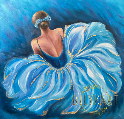 Abstract Ballerina Oil Painting Original Blue Ballerina Wall Art Girl in Dress Painting Gold Frame Ballet Art Ballerina Painting on Canvas