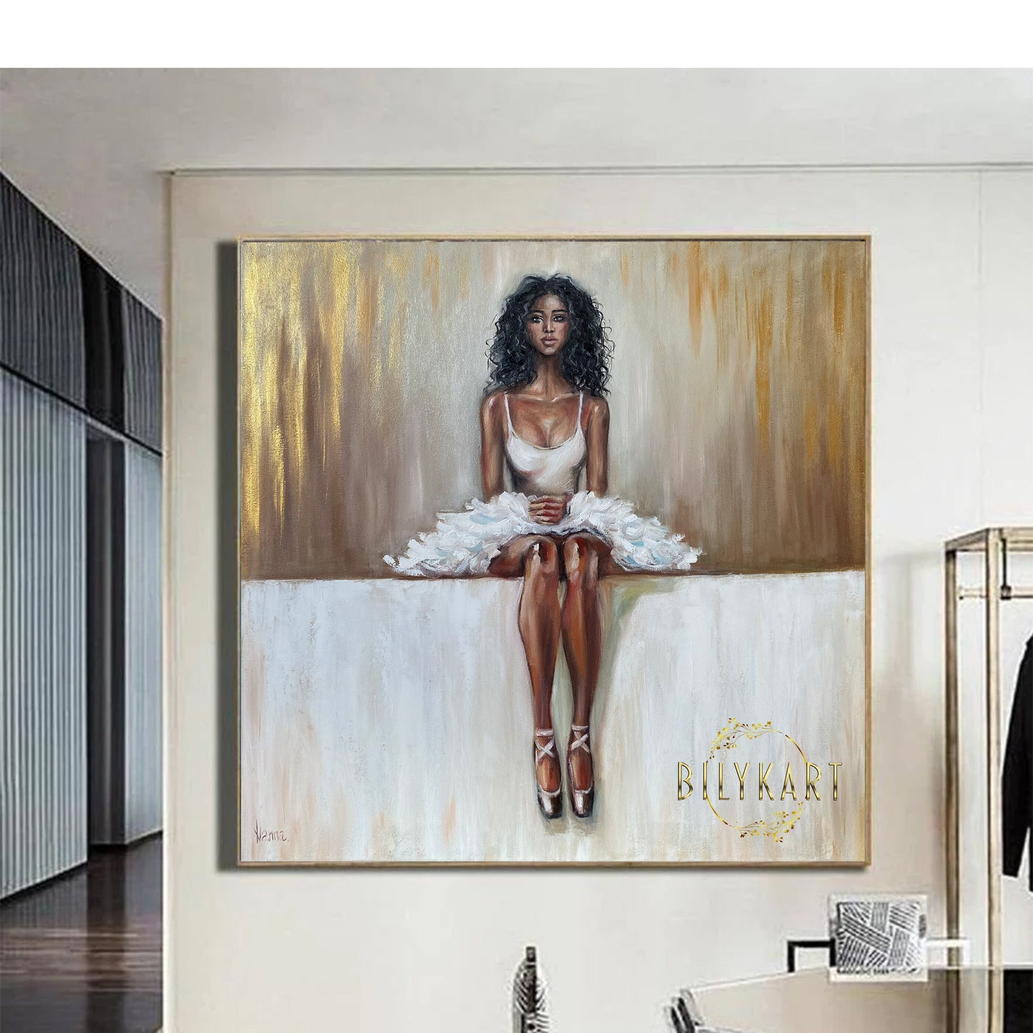 Contemporary Ballerina Painting on Canvas Gold White Ballet Wall Art African Girl Oil Painting Ballerina Sitting Art Ballet Artwork for Sale