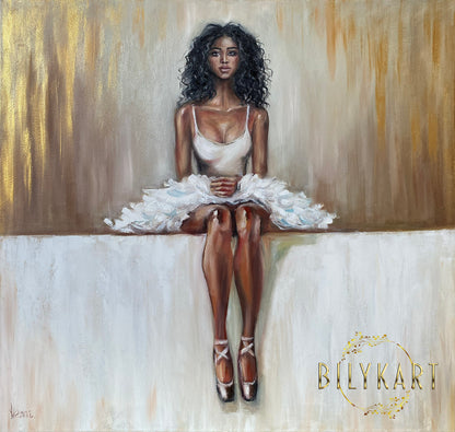 Contemporary Ballerina Painting on Canvas Gold White Ballet Wall Art African Girl Oil Painting Ballerina Sitting Art Ballet Artwork for Sale