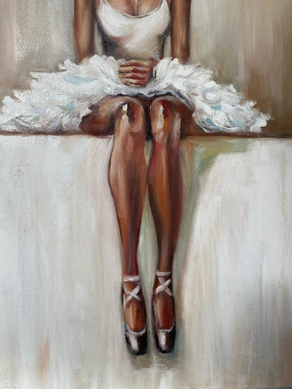 Contemporary Ballerina Painting on Canvas Gold White Ballet Wall Art African Girl Oil Painting Ballerina Sitting Art Ballet Artwork for Sale