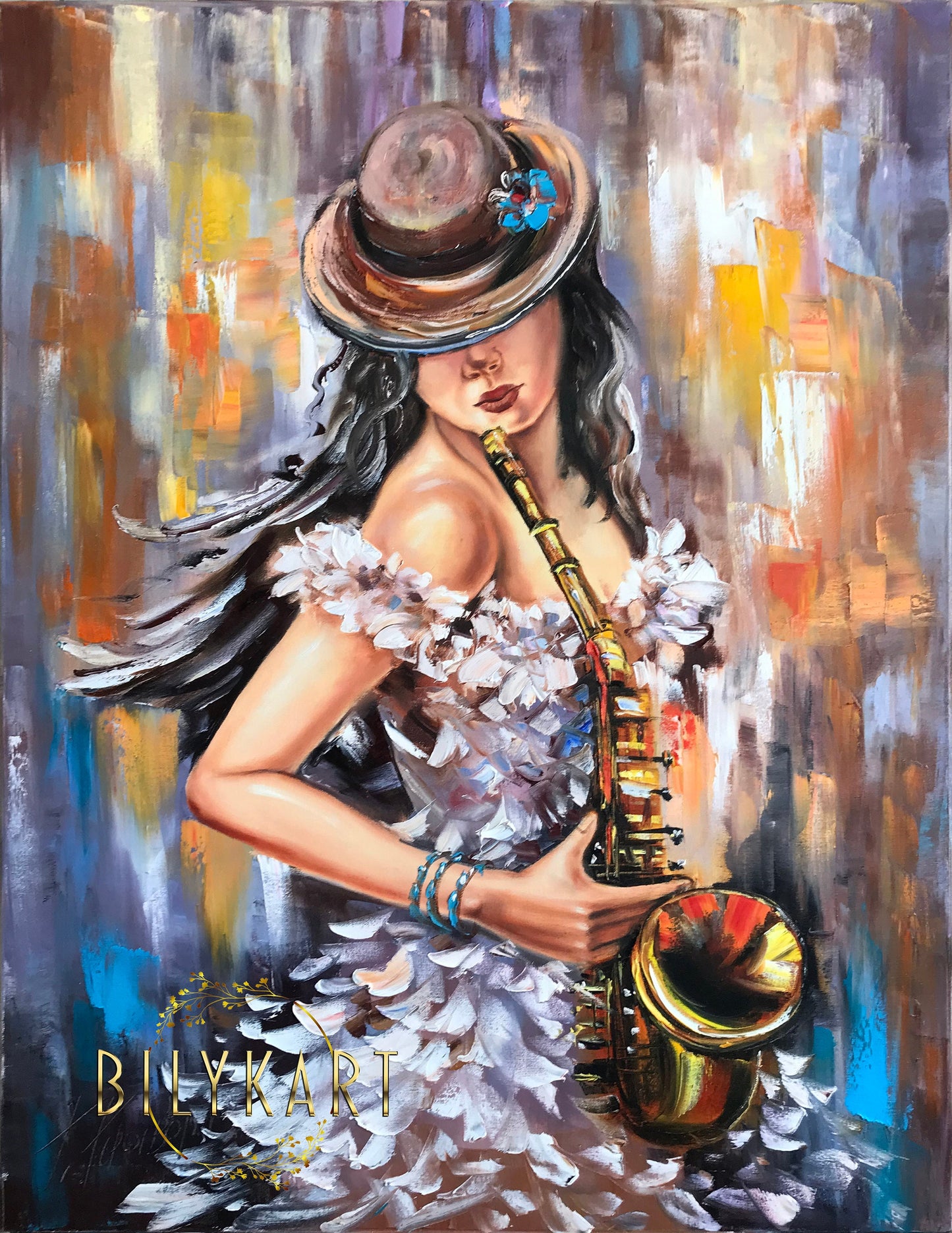 Saxophone Painting Jazz Music Art Original Female Oil Painting Woman in Hat Painting Music Player Gift Saxophonist Abstract Gold Painting