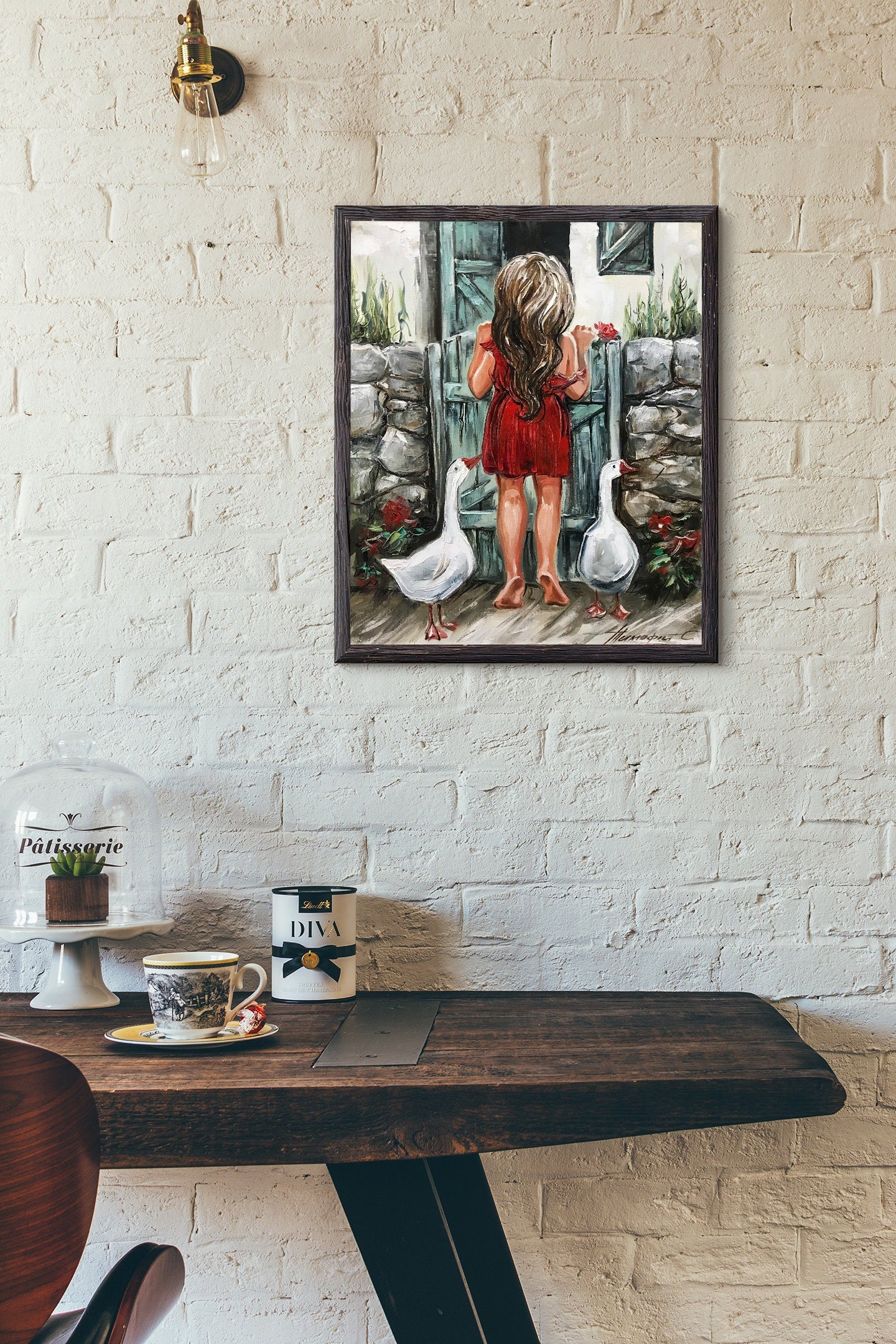 Farm Girl Goose Painting Original Art Farmhouse Wall Decor White Bird Wall Art Farm House Oil Painting on Canvas Country Folk Art Painting