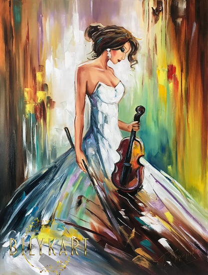 Pretty Woman Oil Painting Original Abstract Music Wall Art Luxury Gift for Woman Girl in Dress Painting Canvas Violin Wall Decor Music Art