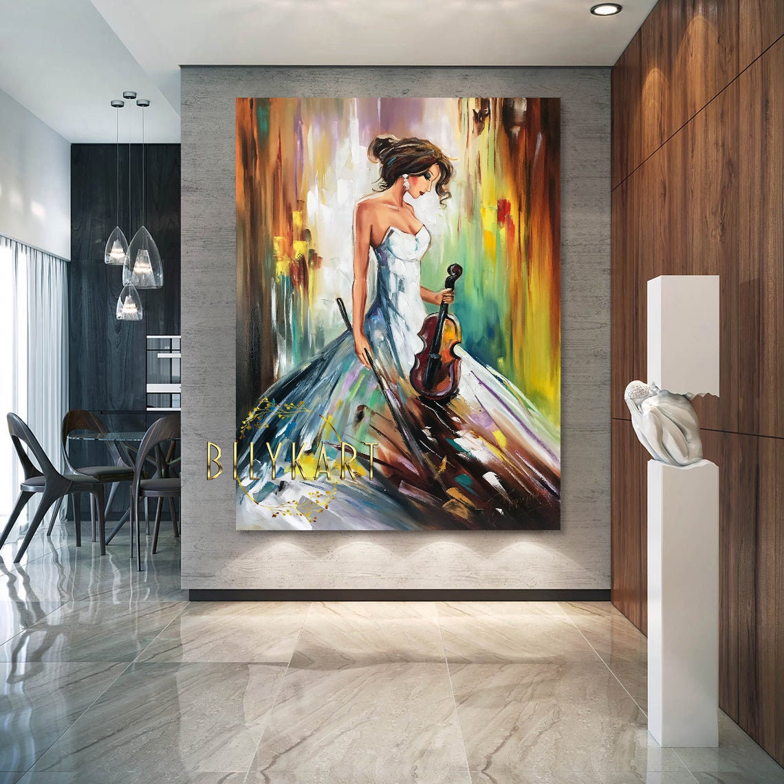 Pretty Woman Oil Painting Original Abstract Music Wall Art Luxury Gift for Woman Girl in Dress Painting Canvas Violin Wall Decor Music Art