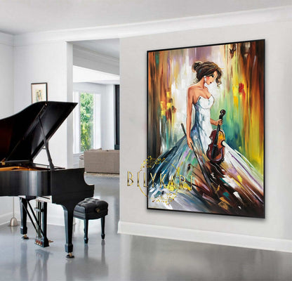 Pretty Woman Oil Painting Original Abstract Music Wall Art Luxury Gift for Woman Girl in Dress Painting Canvas Violin Wall Decor Music Art