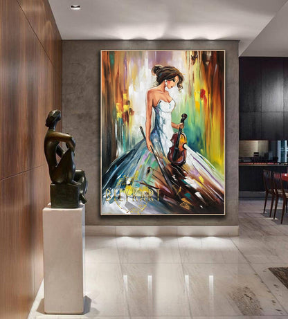 Pretty Woman Oil Painting Original Abstract Music Wall Art Luxury Gift for Woman Girl in Dress Painting Canvas Violin Wall Decor Music Art