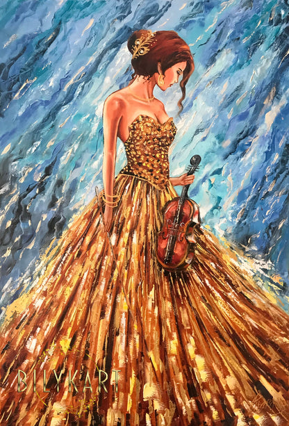 Abstract Woman in Gold Dress Oil Painting Original Girl Music Painting Blue Gold Violin Decor Violin Player Painting Modern Woman Artwork