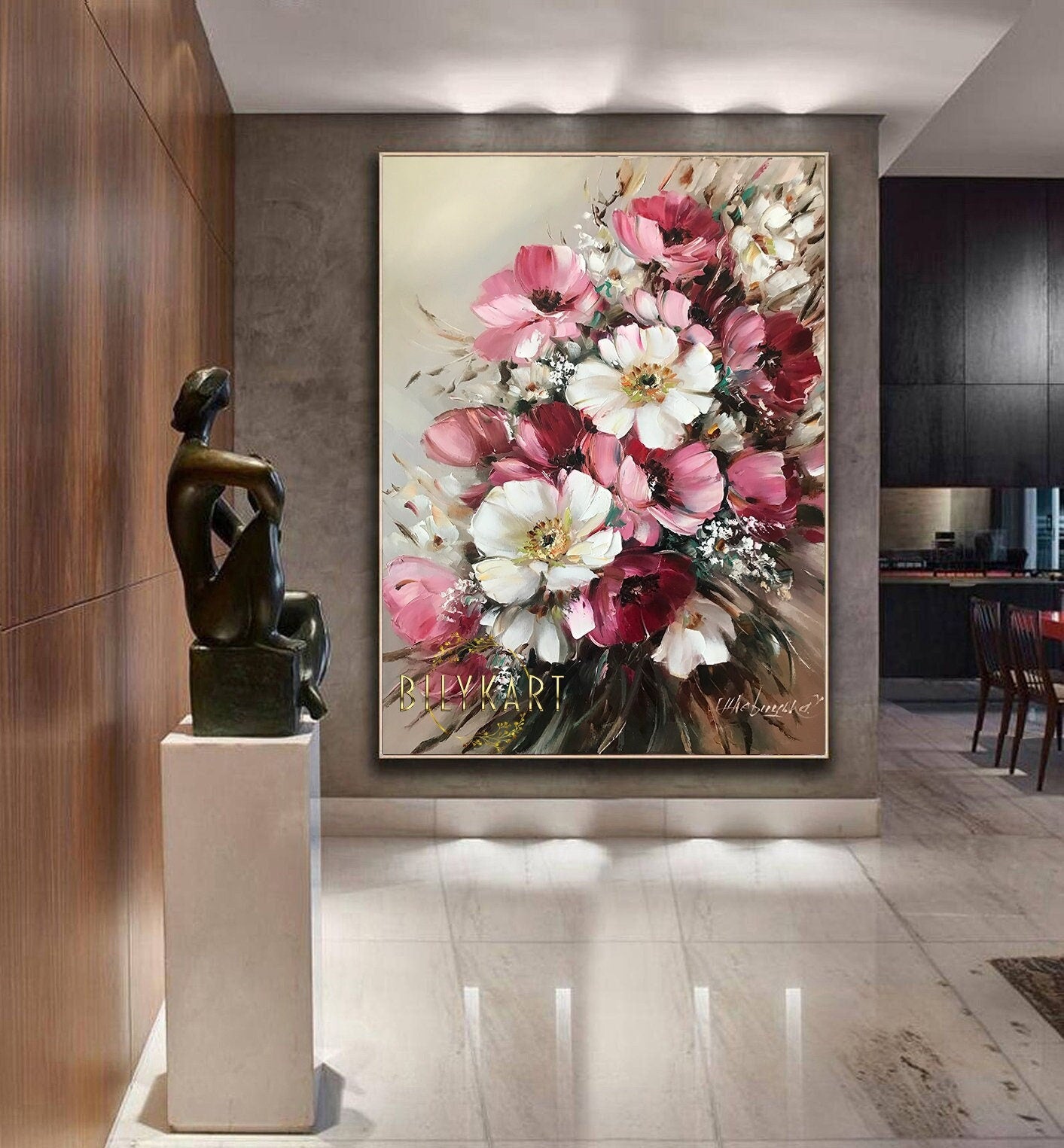 Large Flower Painting on Canvas Abstract Floral Art Red White Blooming Flowers Painting Extra Large Floral Wall Art Painting Big Flowers