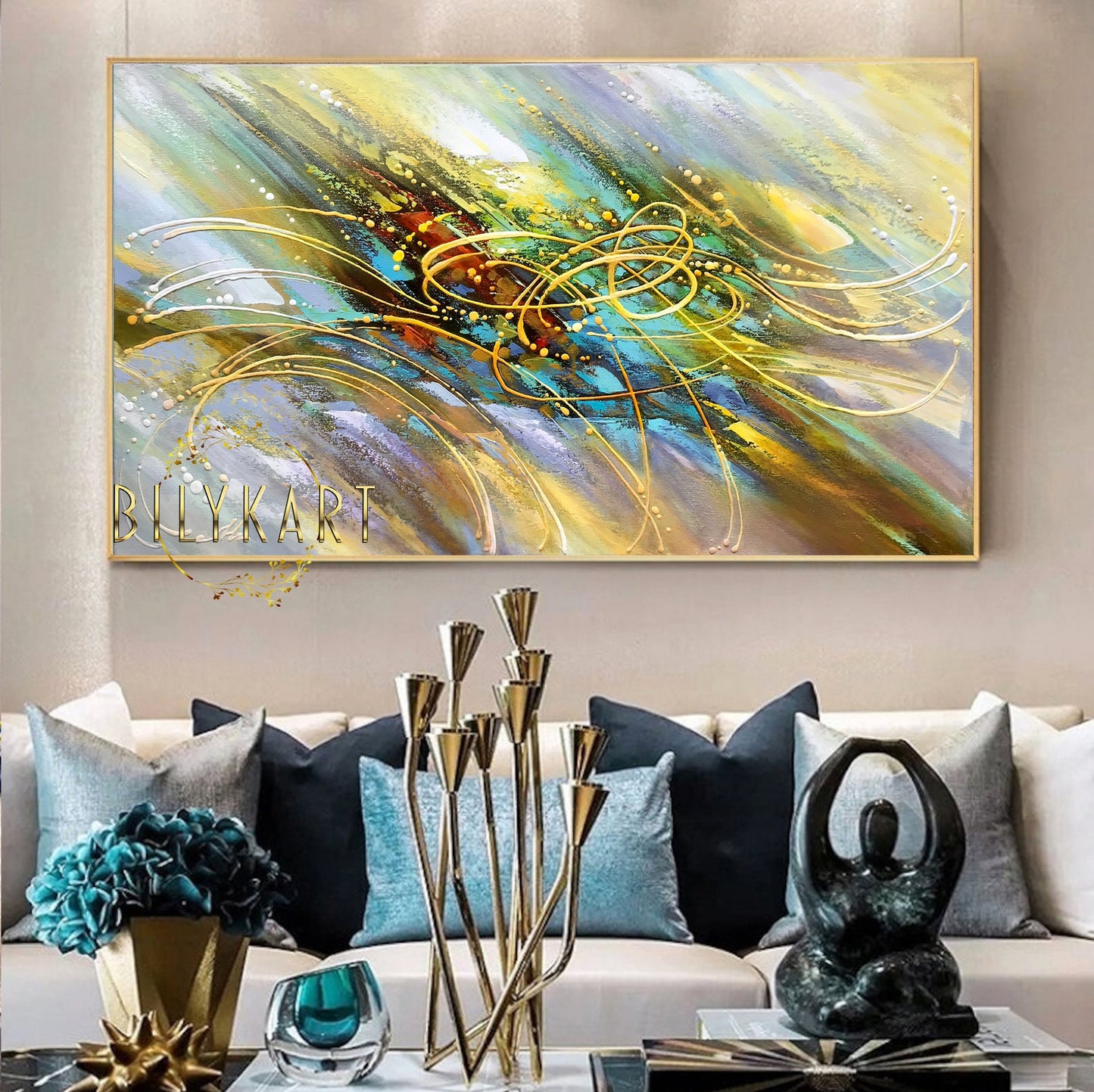 Extra Large Colorful Abstract Painting on Canvas Oversized Green and Yellow Modern Art Colorful Universe Paintings Modern Painting Abstract