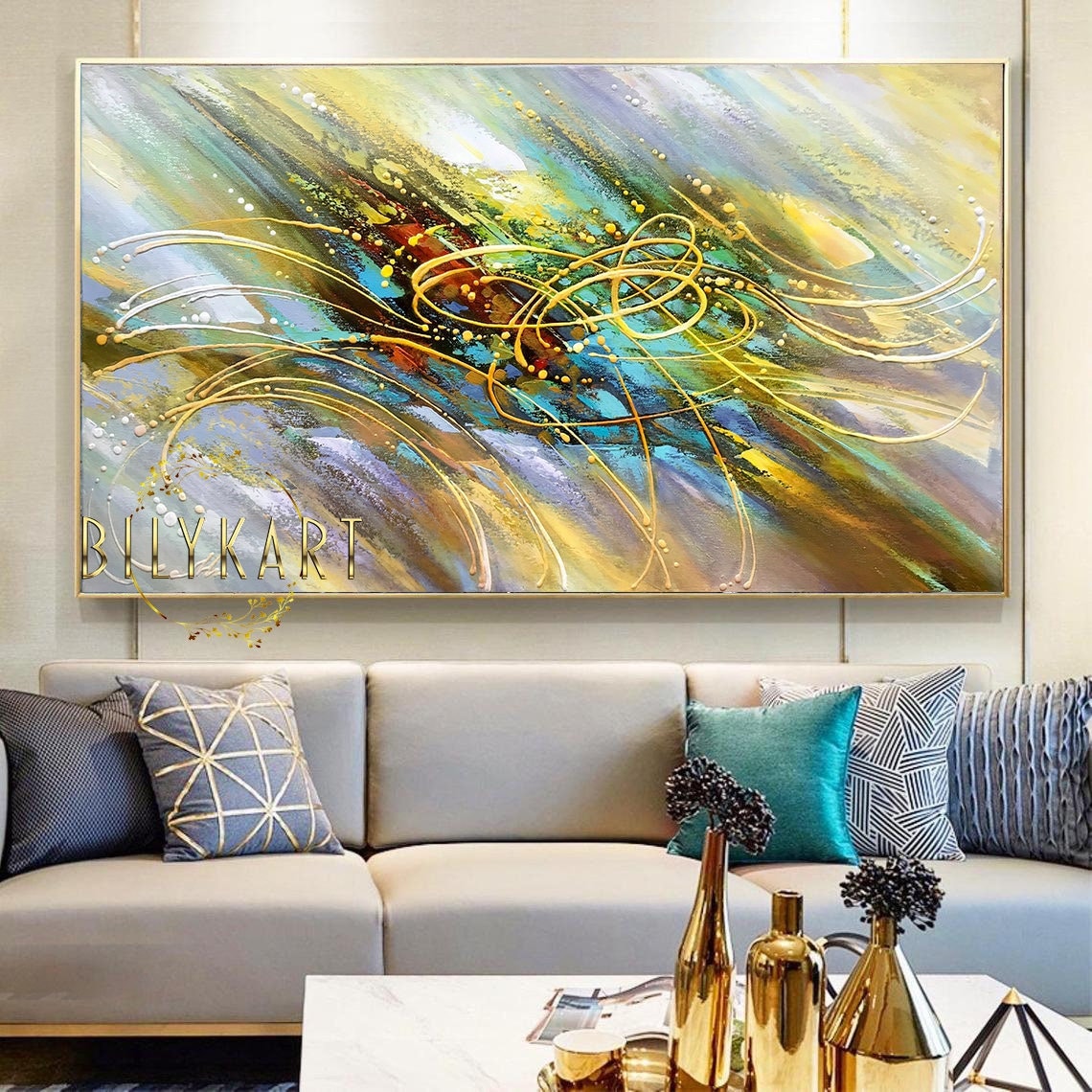 Extra Large Colorful Abstract Painting on Canvas Oversized Green and Yellow Modern Art Colorful Universe Paintings Modern Painting Abstract