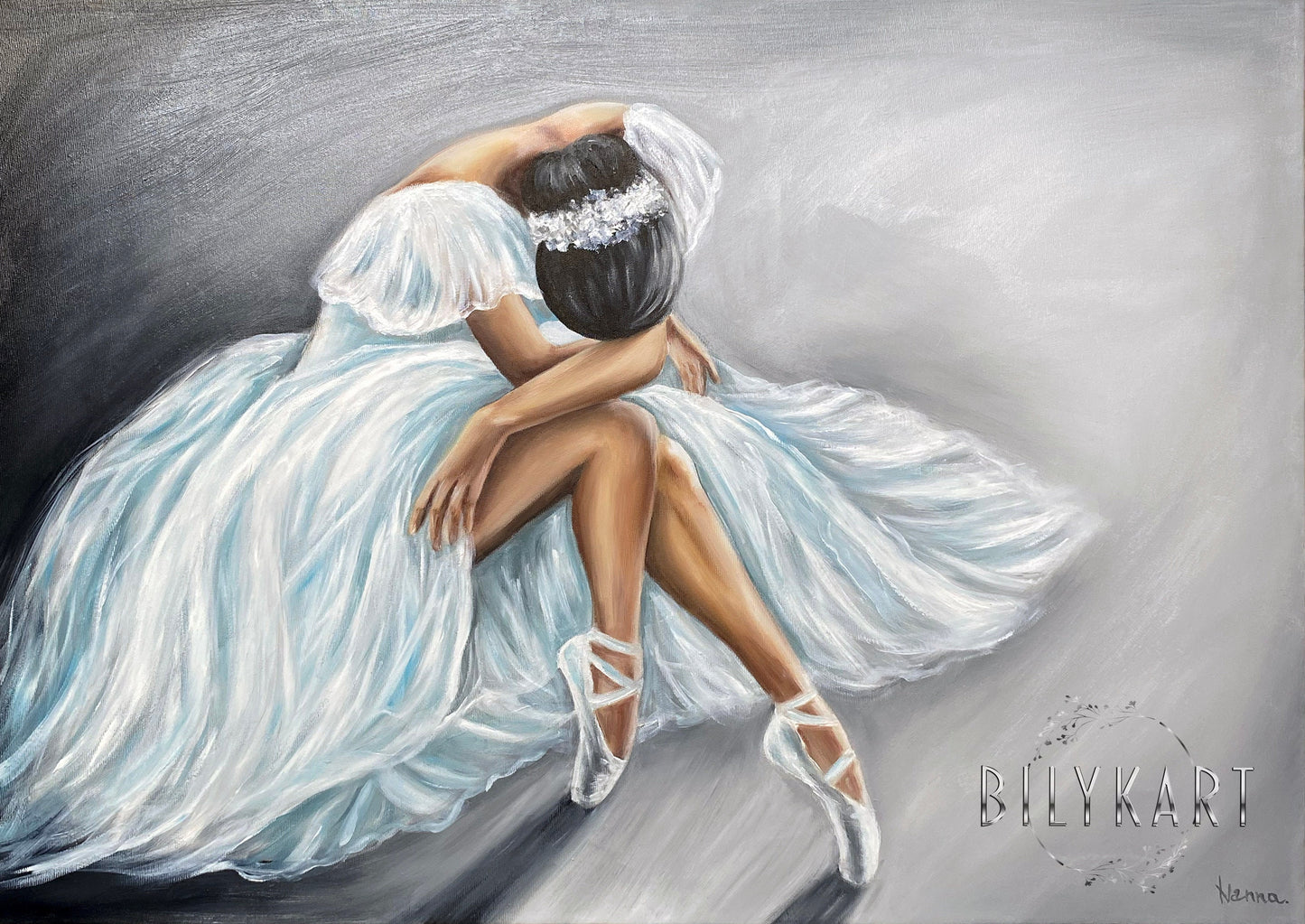 Ballerina Sitting on Floor Oil Painting Original Beautiful Woman Canvas Art Lady Artwork Hand Painted Girl in White Dress Painting on Canvas