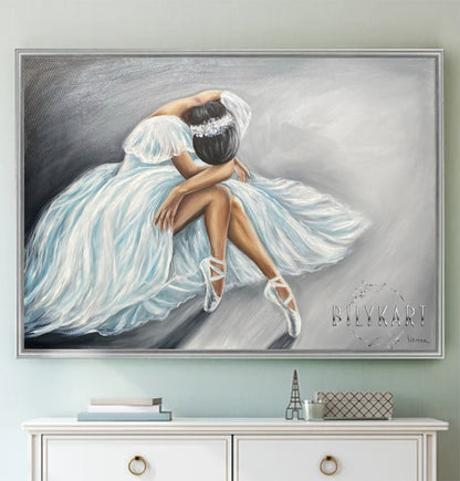 Ballerina Sitting on Floor Oil Painting Original Beautiful Woman Canvas Art Lady Artwork Hand Painted Girl in White Dress Painting on Canvas