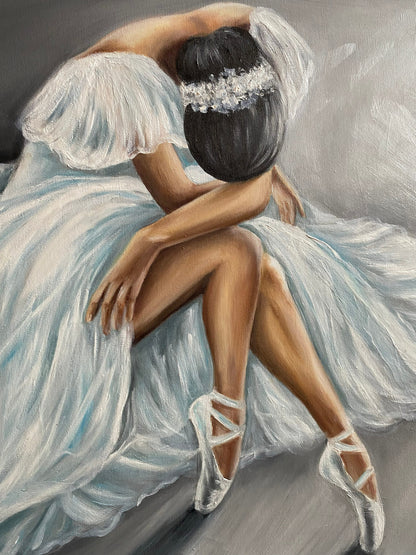 Ballerina Sitting on Floor Oil Painting Original Beautiful Woman Canvas Art Lady Artwork Hand Painted Girl in White Dress Painting on Canvas