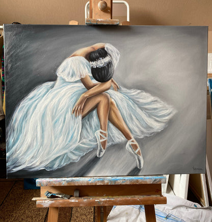 Ballerina Sitting on Floor Oil Painting Original Beautiful Woman Canvas Art Lady Artwork Hand Painted Girl in White Dress Painting on Canvas