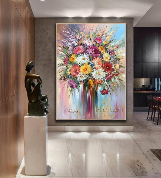 Large Abstract Flower Oil Painting Original Modern Floral Wall Art Colorful Abstract Flower Wall Decor Extra Large Flower Bouquet Painting