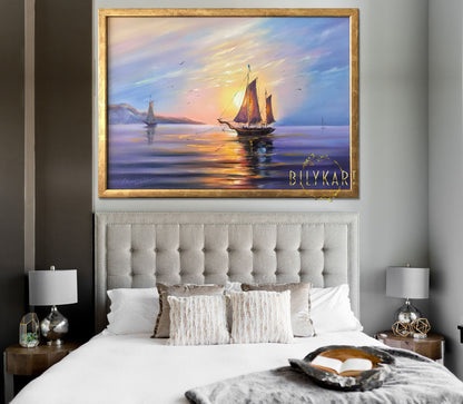 Sail Boat Oil Painting Original Sunset Painting Sea boat Art Decor Harbor Painting Framed Ship Wall Art Canvas Large Boat Yacht Oil Painting