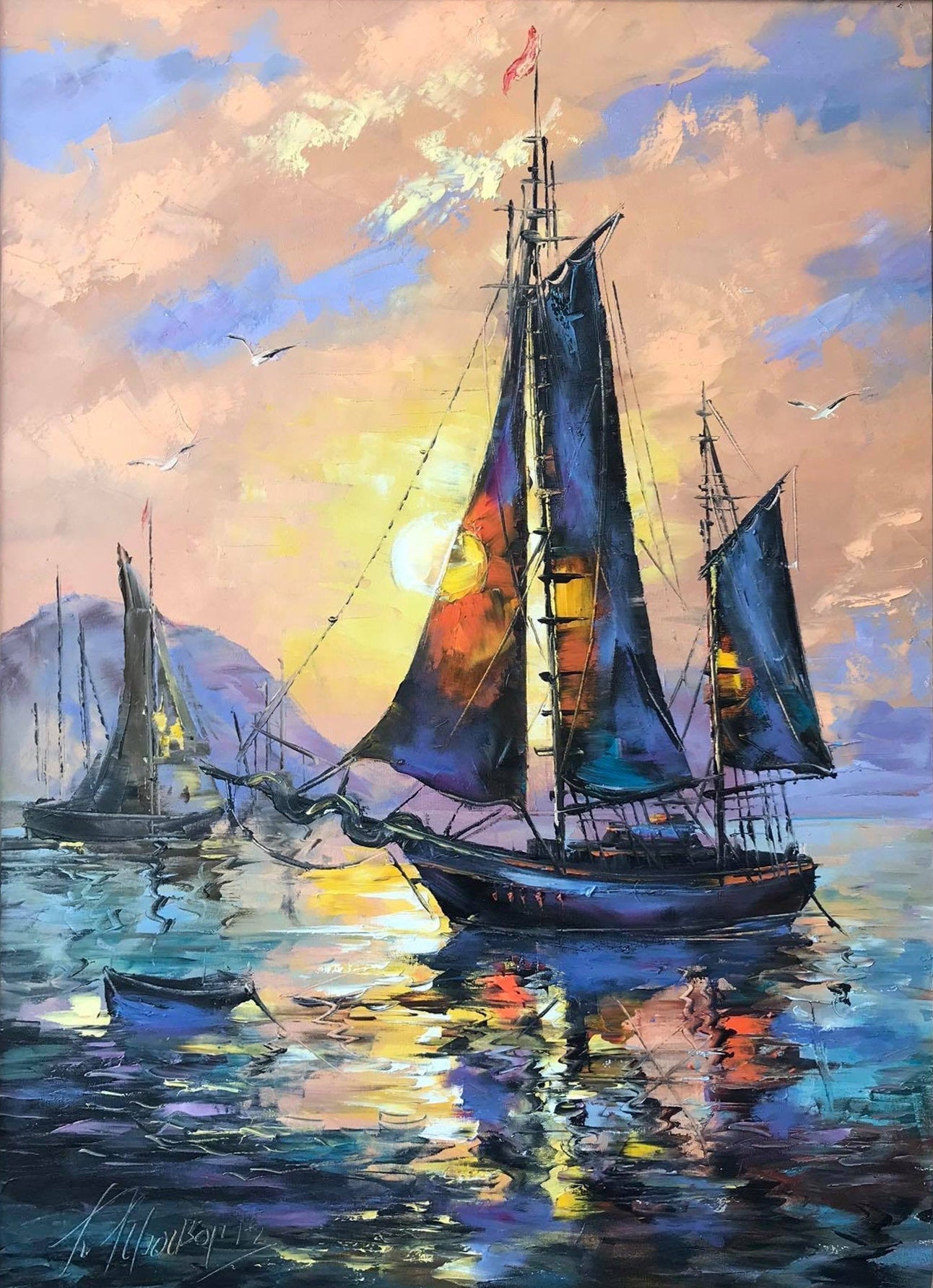 Abstract Sail Boat Oil Painting Original Sailboat Modern Art Large Wall Art Painting Sailboat in the Ocean Oil Painting Ship at Sunset Art