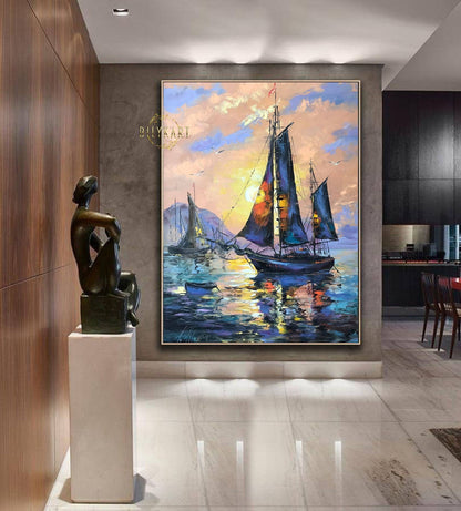 Abstract Sail Boat Oil Painting Original Sailboat Modern Art Large Wall Art Painting Sailboat in the Ocean Oil Painting Ship at Sunset Art