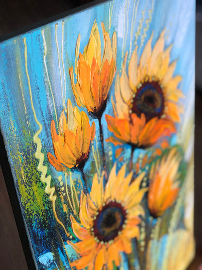 Impasto Sunflowers Painting on Canvas Abstract Sunflower Painting Original Large Texture Yellow Flower Wall Art Impasto Flowers Artwork