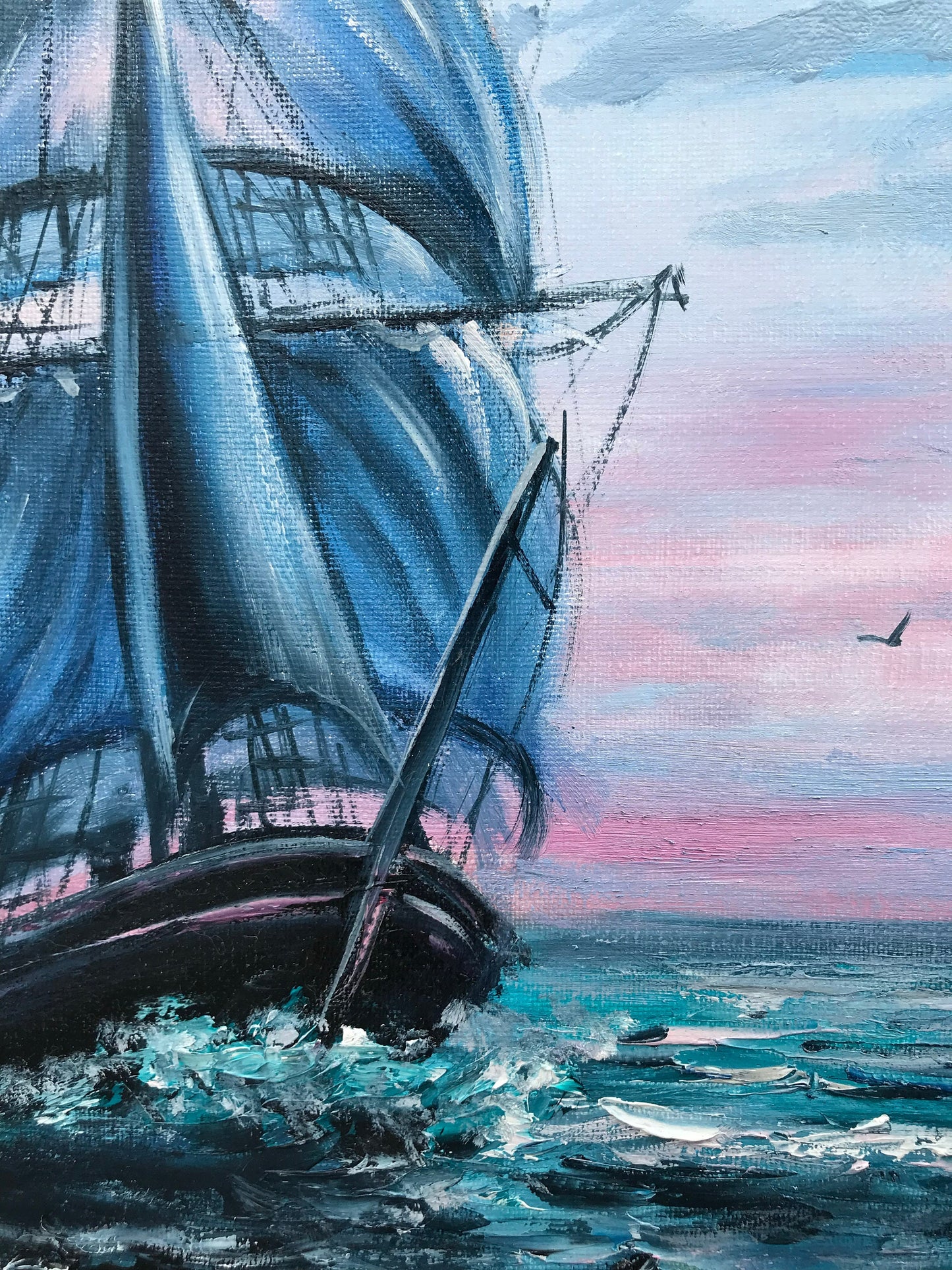 Large Sailing Ship Oil Painting Original Navy Blue Ocean Waves Painting Nautical Canvas Art Seascape Oil Painting Sailing Yacht Wall Art