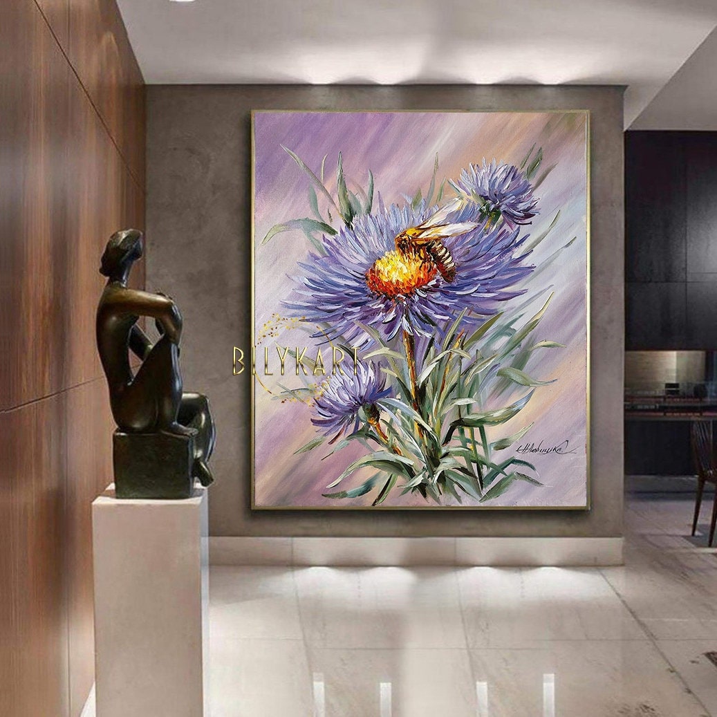 Purple Flower Oil Painting Original Abstract Floral Wall art Large Flower Painting on Canvas Honey Bee Painting Summer Flower Artwork