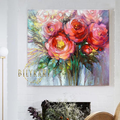 Abstract Flower Painting On Canvas Modern Floral Artwork Red Flowers Wall Art Texture Flower Painting Floral Abstract Contemporary Art