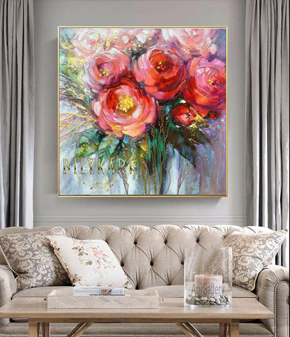 Abstract Flower Painting On Canvas Modern Floral Artwork Red Flowers Wall Art Texture Flower Painting Floral Abstract Contemporary Art