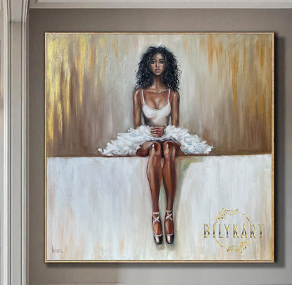 Contemporary Ballerina Painting on Canvas Gold White Ballet Wall Art African Girl Oil Painting Ballerina Sitting Art Ballet Artwork for Sale