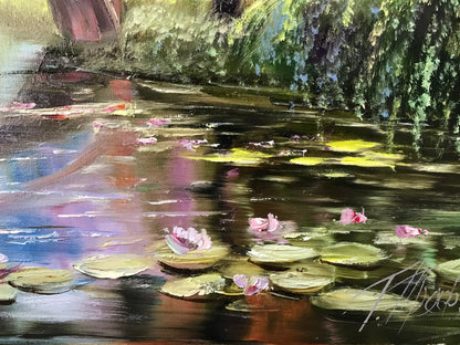 Claude Monet Bridge Over a Pond of Water Lilies Painting on Canvas, Japanese Water Lily Oil Painting Original Cherry Blossom Art