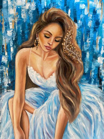 Abstract Woman Oil Painting Blue Ballerina Wall Art Girl in Dress Painting Ballerina Tying Pointe Shoes Sitting Ballerina Painting on Canvas