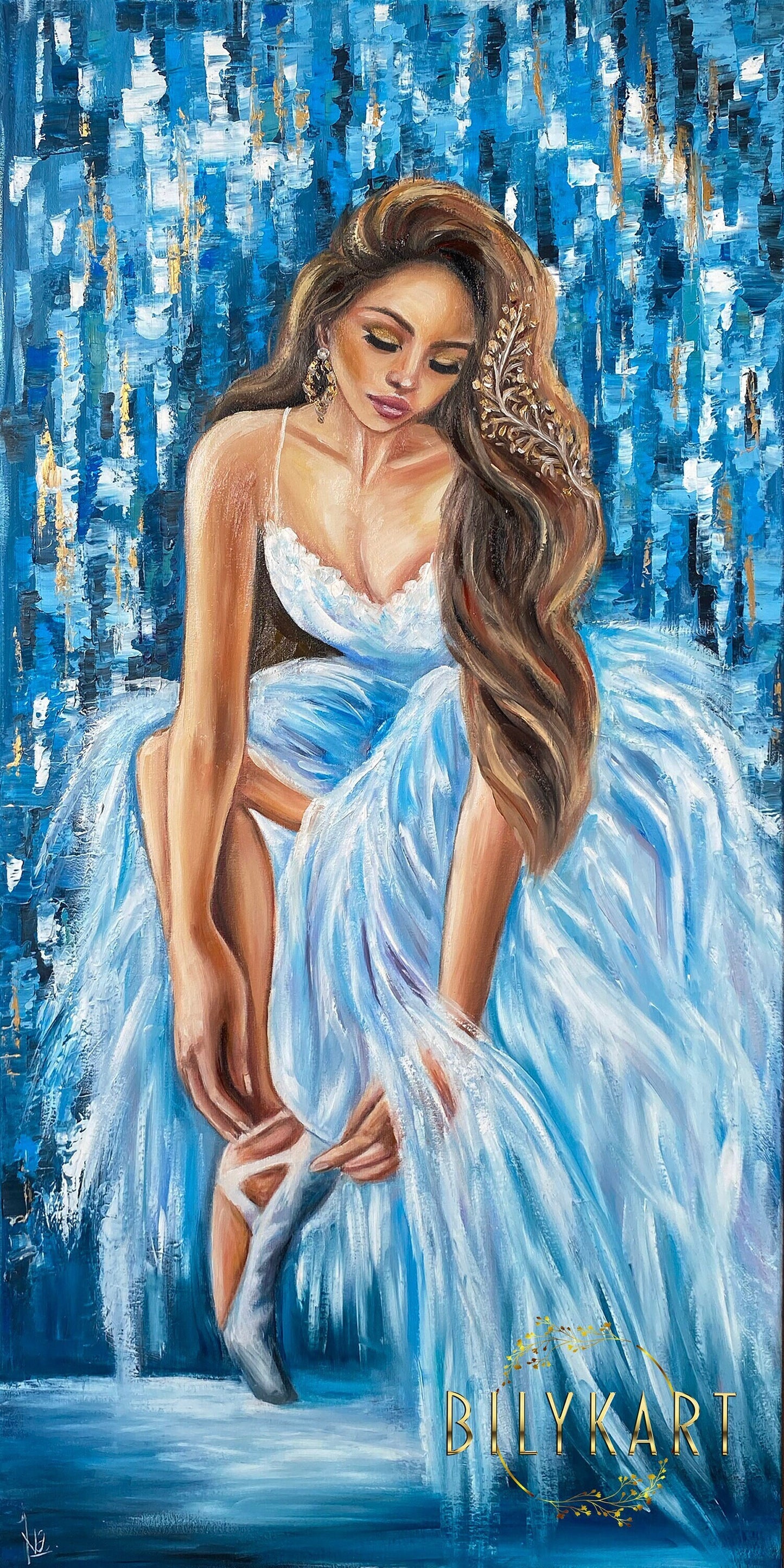 Abstract Woman Oil Painting Blue Ballerina Wall Art Girl in Dress Painting Ballerina Tying Pointe Shoes Sitting Ballerina Painting on Canvas