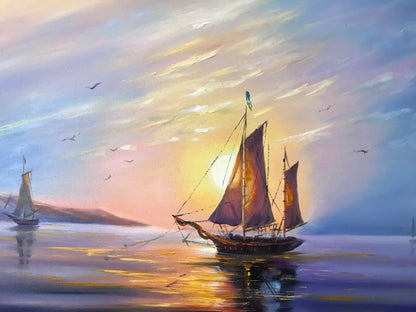 Sail Boat Oil Painting Original Sunset Painting Sea boat Art Decor Harbor Painting Framed Ship Wall Art Canvas Large Boat Yacht Oil Painting