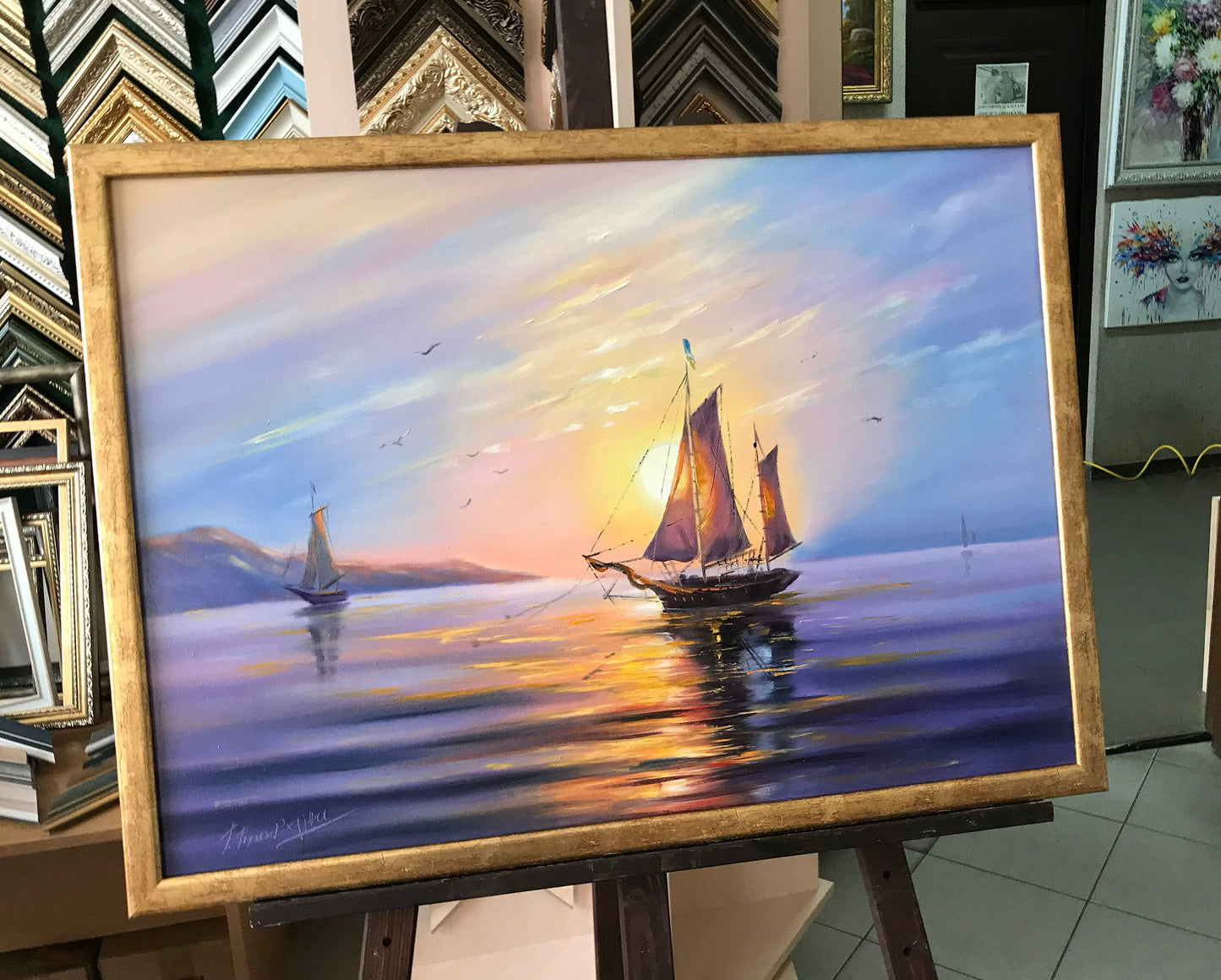 Sail Boat Oil Painting Original Sunset Painting Sea boat Art Decor Harbor Painting Framed Ship Wall Art Canvas Large Boat Yacht Oil Painting