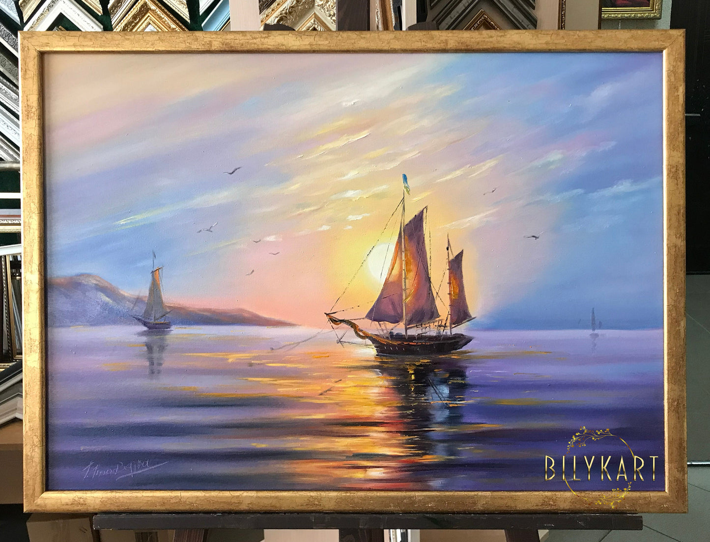 Sail Boat Oil Painting Original Sunset Painting Sea boat Art Decor Harbor Painting Framed Ship Wall Art Canvas Large Boat Yacht Oil Painting