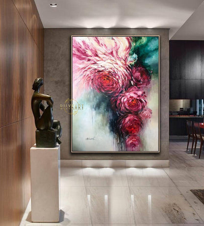 Abstract Flower Painting on Canvas Modern Floral Wall Art Framed Flower Painting Original Floral Artwork Red Roses Painting Flowers Art