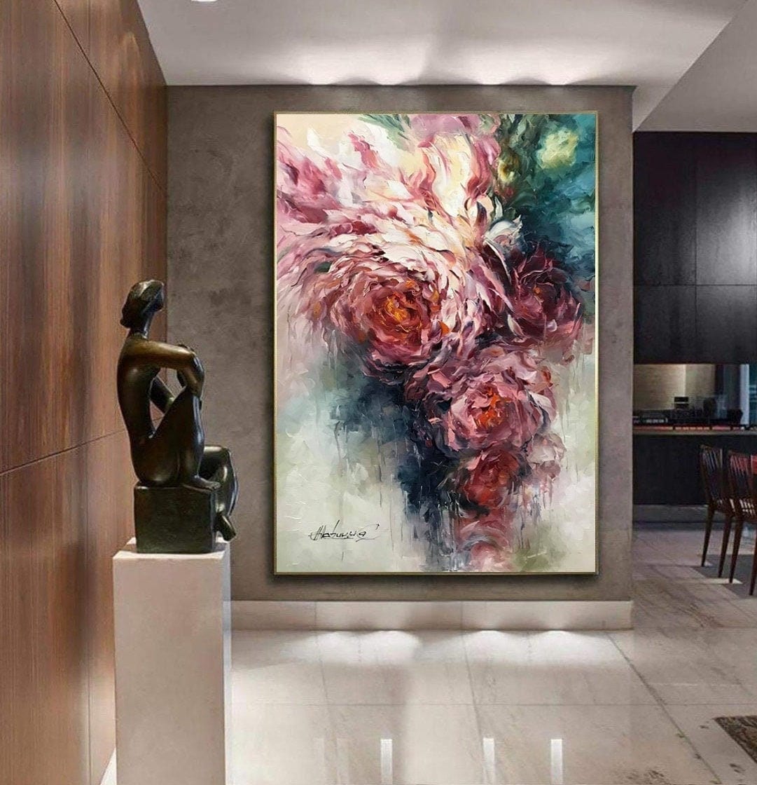 Abstract Flowers Original Painting Oversized Vertical Room Decor  Roses Oil Painting Extra Large Contemporary Floral Abstract Wall Art