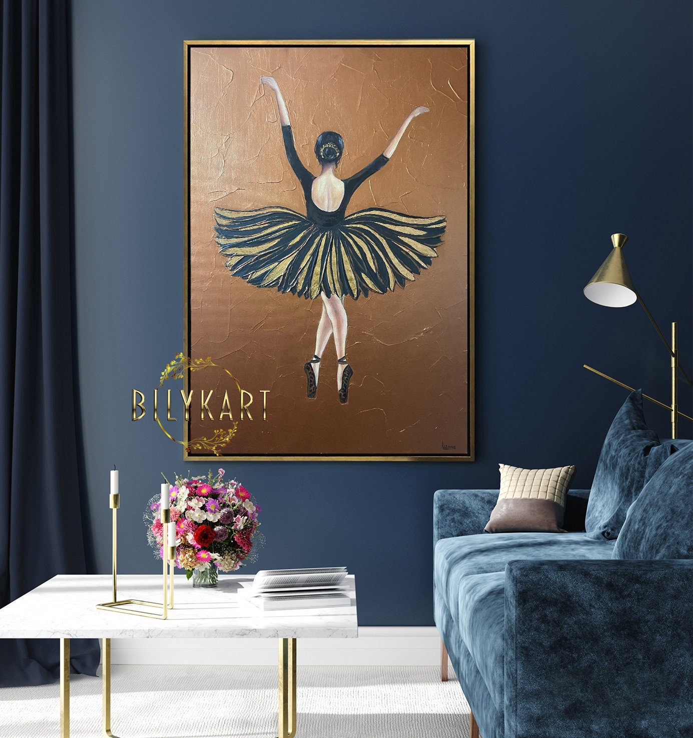 Ballerina in Black Dress Painting on Canvas Ballet Painting Ballerina Wall Art Beautiful Girl in Gold Dress Oil Painting Dance Coach Gift