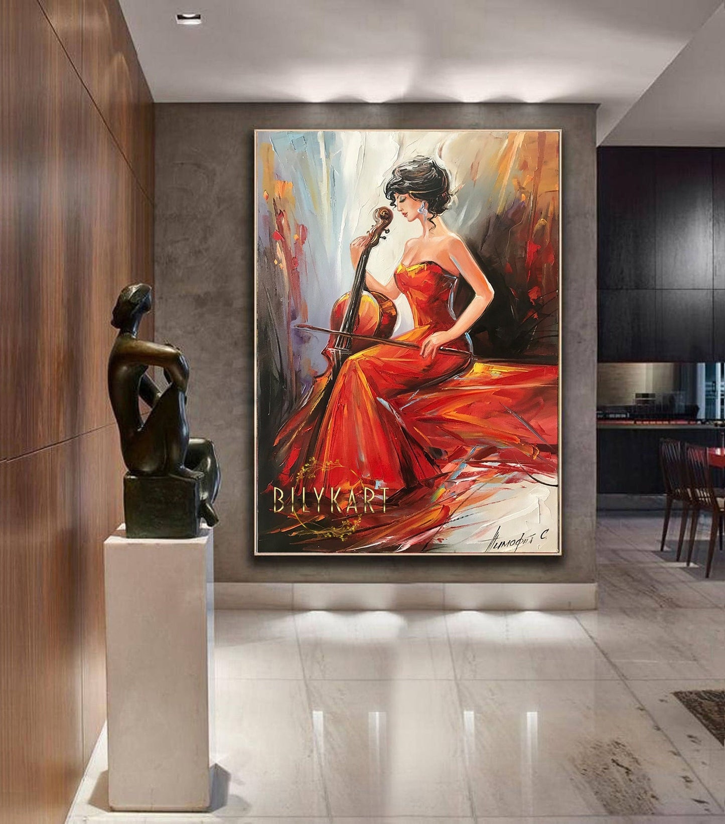 Cellist Oil Painting Original Girl Playing Cello Art Woman in Red Dress Painting Violinist Gifts Music Violin Artwork Musician Wall Art