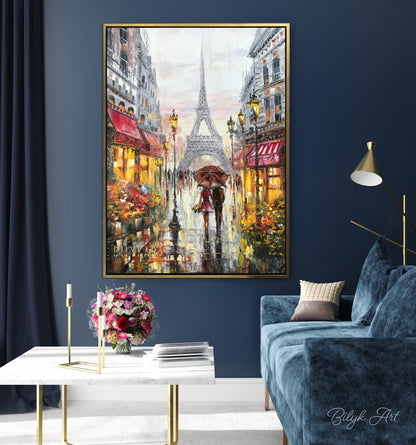 Love in Paris Oil Painting Original Romantic Love Painting Eiffel Tower Art Couple Walking in Paris Painting Canvas Art Night Time Wall Art