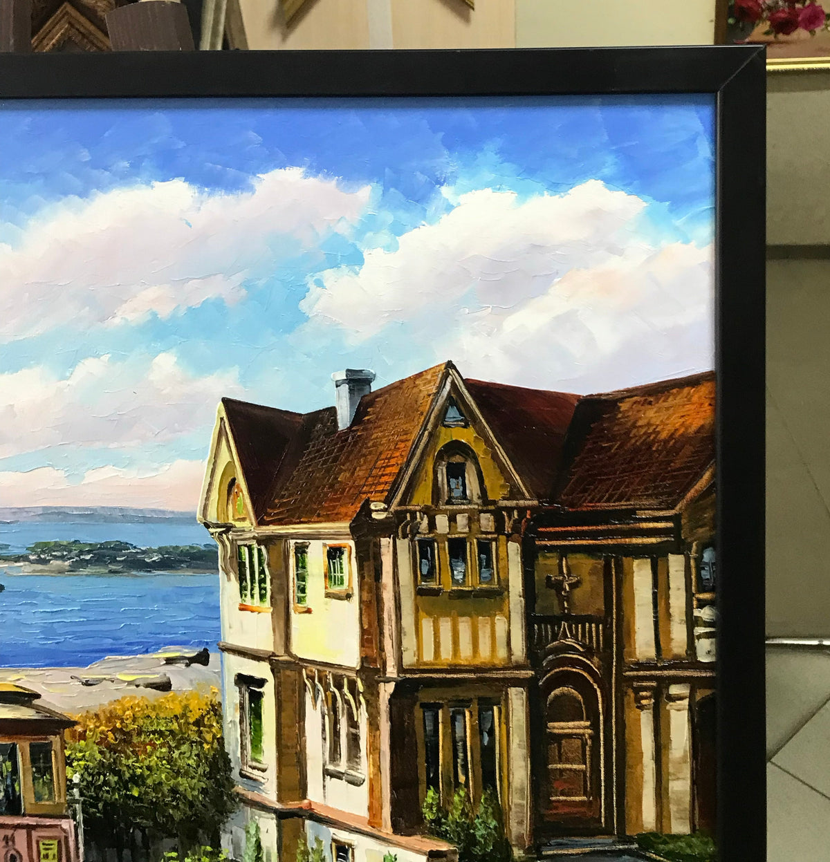 San Francisco Cable Car Oil Painting Original | Victorian House and Bay View Wall Art | California Cityscape Artwork
