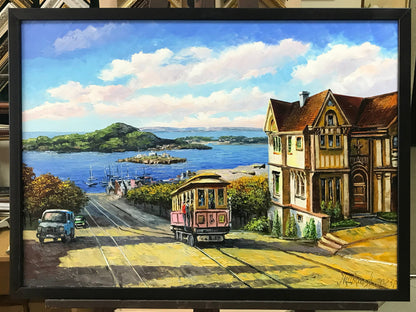 San Francisco Cable Car Oil Painting Original | Victorian House and Bay View Wall Art | California Cityscape Artwork