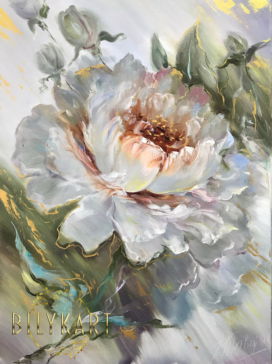 Big Abstract Flower Oil Painting White Green Floral Wall Art Neutral Color Flower Paintings Large Flowers for Wall Decor Painting Abstract