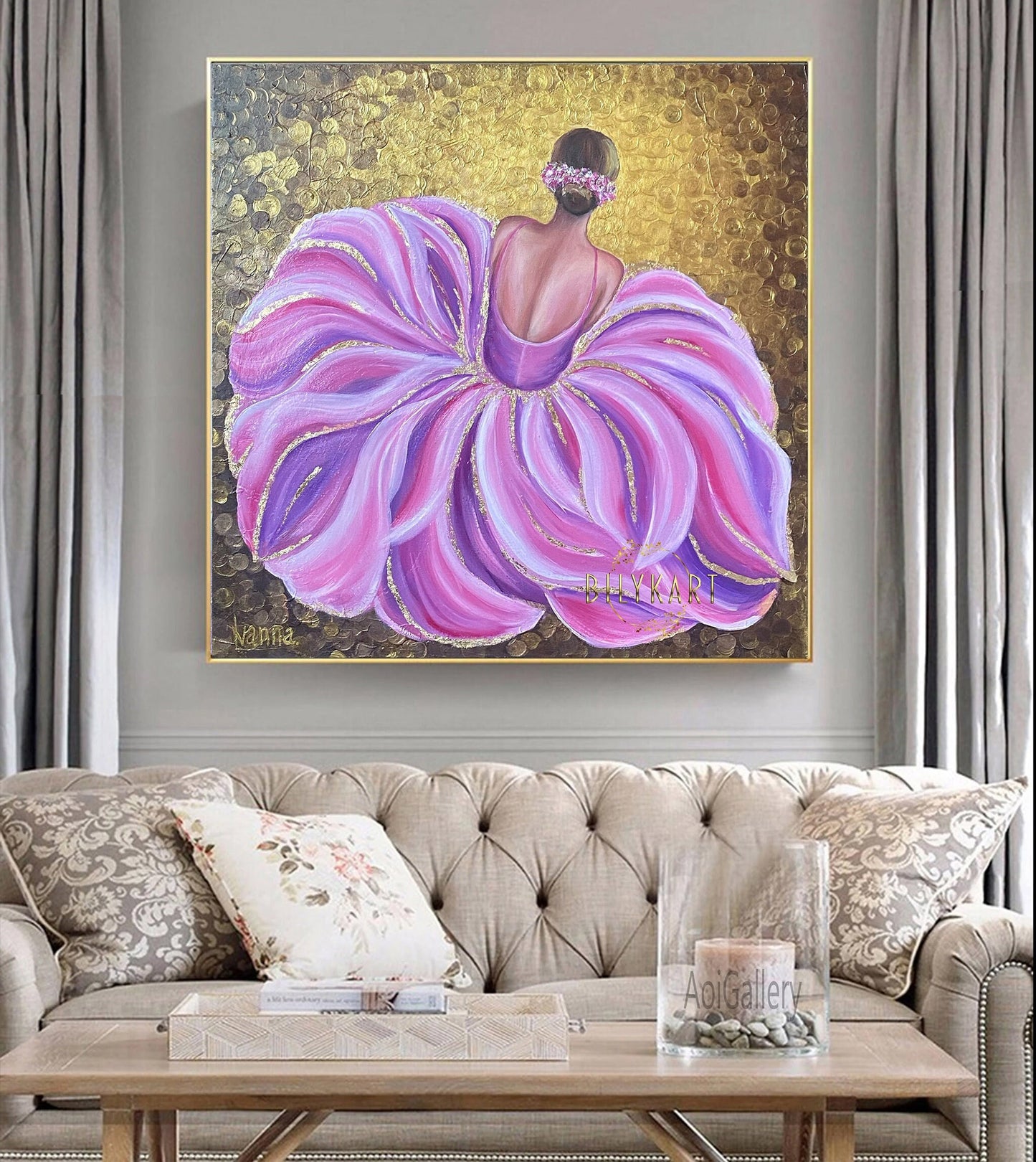 Pink Ballerina Oil Painting Original Pink and Gold Ballerina Wall Art Modern Dress Painting Girly Art Sitting Ballerina Painting on Canvas