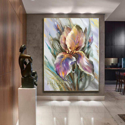 Large Iris Flower Oil Painting Oversized Abstract Flower Wall Art Green Botanical Oil Painting Huge Flower for Wall Decor Painting Abstract
