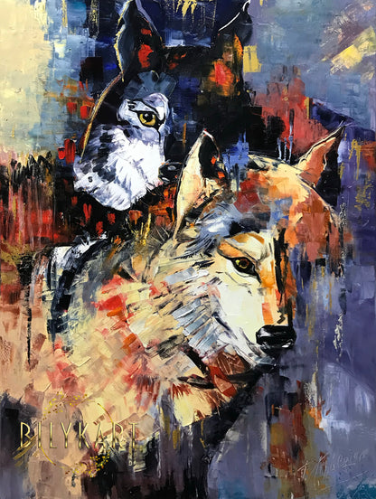 Abstract Wolf Painting Original 2 Wolves Wall Art Canvas Wild Animals Paintings Animals Wall Decor Wolf Artwork Unique Gifts for Wolf Lovers