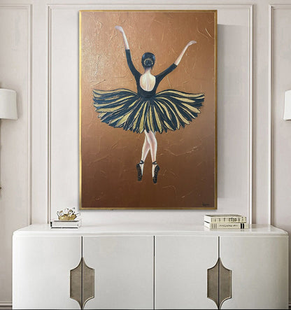 Ballerina in Black Dress Painting on Canvas Ballet Painting Ballerina Wall Art Beautiful Girl in Gold Dress Oil Painting Dance Coach Gift