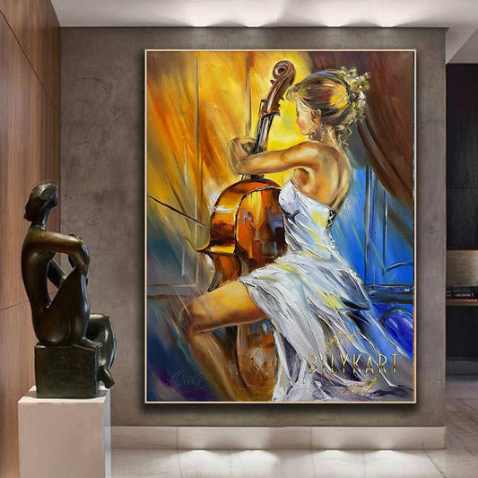 Beautiful Girl Playing Cello Painting Original Cello Art Figure Painting Classical Music Cottage Decor Female Body Art Pretty Woman Painting