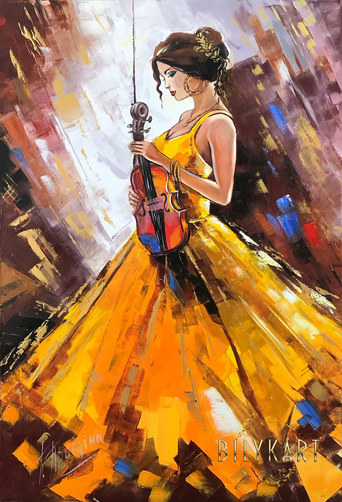 Abstract Woman in Yellow Dress Oil Painting Original Lady with Violin Painting Violin Decor Girl Violinist Painting Modern Woman Artwork