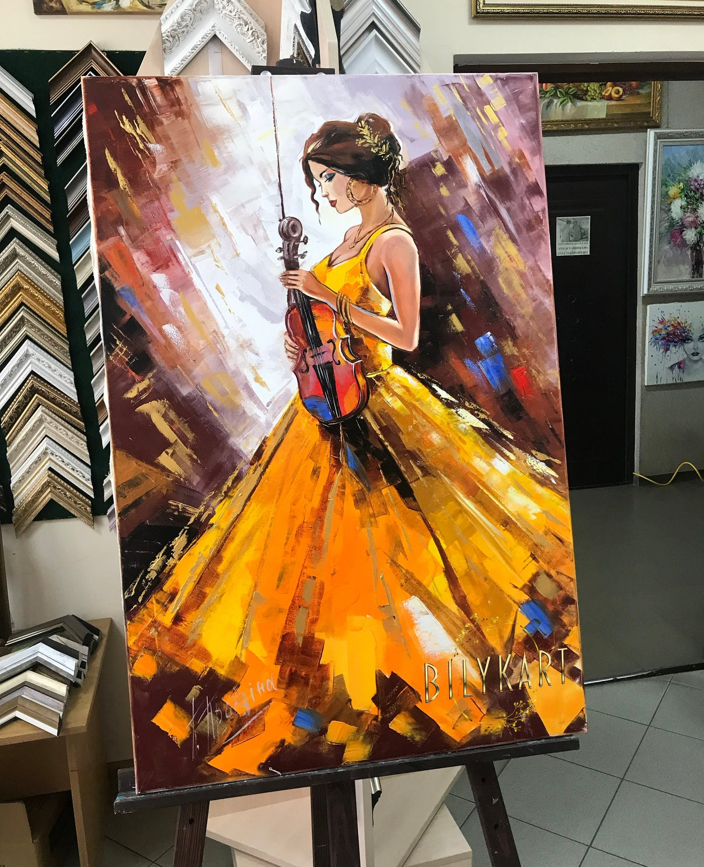 Abstract Woman in Yellow Dress Oil Painting Original Lady with Violin Painting Violin Decor Girl Violinist Painting Modern Woman Artwork